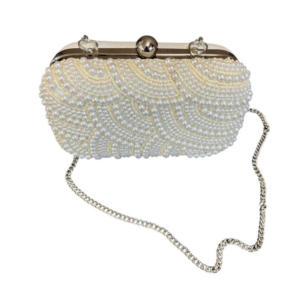 NEW GOLDEN STELLA women's pearl purse with chain strap in cream/pearl